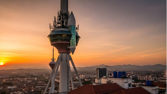 Majestic Alor Setar Tower rising against a warm golden hour sky, surrounded by city rooftops and distant mountains, sharp and clean architectural photography 