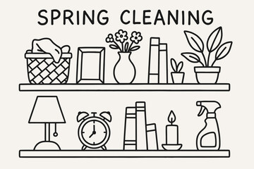 Spring Cleaning Illustration. Hand-drawn doodle illustration Spring cleaning shelves [shelf, basket, vase, plant, books, lamp, clock, candle, picture frame,