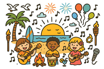 Beach Music Festival. Colorful Hand-drawn doodle Children illustration Sunset beach music celebration guitar, ukulele, drum, microphone, tiki torches, bonfire,