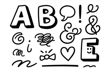 Playful Typography Doodles. Hand-drawn doodle illustration Playful Typography bold letter A, bubble font, comic letter B, exclamation mark, speech curl, curly