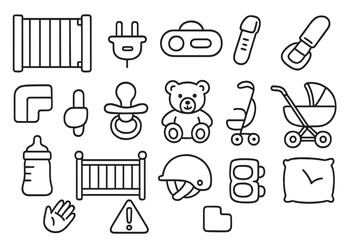 Child Safety Essentials. Hand-drawn doodle illustration child safety baby gate, plug cover, cabinet lock, safety strap, corner protector, pacifier, teddy bear,