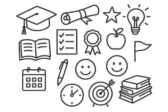 Academic Achievement Icons. Hand-drawn doodle illustration academic achievements graduation cap, diploma, book, pen, star, light bulb, checklist, award ribbon,