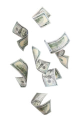Money (dollar bills) flying in air against white background