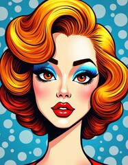 Vibrant pop art illustration features woman face with bright orange hair styled in retro waves. Striking blue eyeshadow frames expressive eyes, red lips slightly parted. Background playful pattern of
