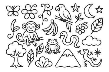 Jungle Doodle Icons. Hand-drawn doodle illustration neon lights in jungle monkey, parrot, vine, banana, flower, butterfly, snake, leaf, frog, lizard, star,