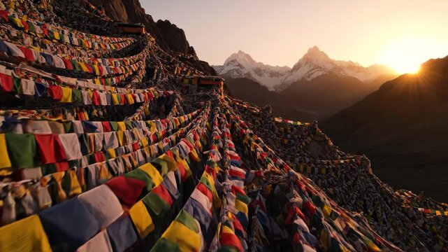 Vibrant Buddhist prayer flags adorning a mountain landscape with sun-kissed peaks at sunrise or sunset