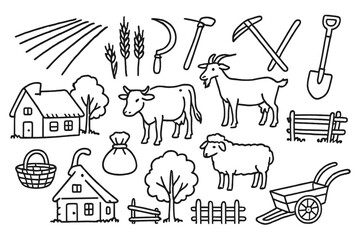 Farming Tools Doodle. Hand-drawn doodle illustration farming peasantry plowed field, wheat, sickle, hoe, plow, shovel, cow, goat, sheep, basket, sack, cottage,