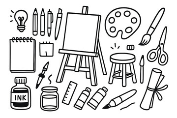 Art Studio Essentials. Hand-drawn doodle illustration Art studio essentials, easel, paintbrush, palette, canvas, sketchbook, pencils, ink bottle, stool, lamp,