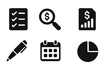Financial Auditing Icons. Solid, filled icon set of financial auditing: checklist, magnifying glass, calculator, report, pen, calendar, spreadsheet, pie chart.