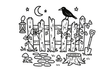 Naklejka premium Rustic Broken Fence. Old Fence. Hand-drawn doodle illustration old fence broken planks, cracks, vines, ivy, crow, spider web, mushrooms, shovel, stone path,