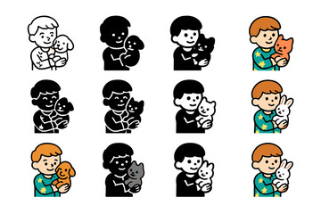 Pajama Fun Icons. Icon Set of Pajama Fun with Pets: Kid with puppy in pajamas, Kid with kitten in pajamas, Kid with bunny in pajamas. Icons set in vector