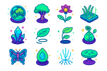 Sci-Fi Nature Icons. Colorful isometric vector icons set of sci-fi neon nature hybrids: glowing biome orb, cybernetic tree, radiant flower drone, neon grass
