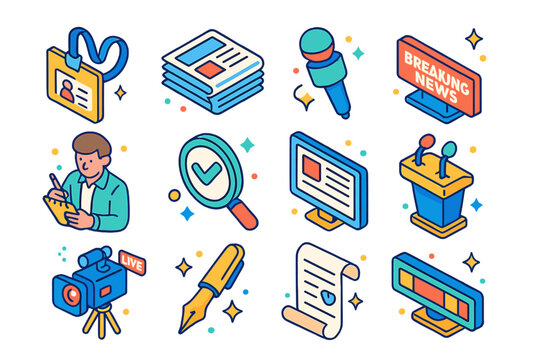 Journalism Icon Set. Colorful isometric vector icons set of journalism and public interest: press badge, newspaper stack, microphone, breaking news banner,