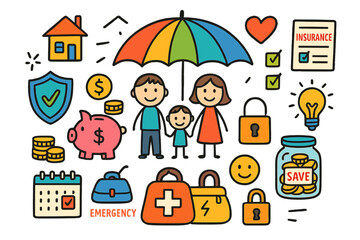 Obraz premium Family Finance Protection. Colorful Hand-drawn doodle Children illustration Protecting Family Finances umbrella, shield, piggy bank, coins, house, insurance