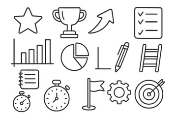 Obraz premium Performance Tracking Doodles. Hand-drawn doodle illustration performance progress tracking star, trophy, arrow, checklist, bar chart, pie chart, graph line,