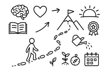 Personal Growth Journey. Hand-drawn doodle illustration personal growth journey path, footsteps, sunrise, mountain, book, brain, heart, clock, arrow, plant,
