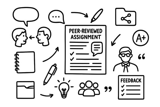Peer Review Doodles. Hand-drawn doodle illustration peer-reviewed assignment paper with comments, edit marks, speech bubble, two heads, arrows, pen, notebook,