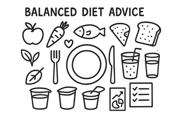Balanced Diet Doodles. Hand-drawn doodle illustration Balanced diet advice [plate, fork, knife, apple, carrot, fish, bread slice, cheese, yogurt cup, water