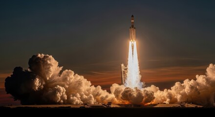 A rocket launching into the sky with a large cloud of smoke and fire during the early evening light