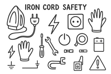 Iron Cord Safety Doodles. Hand-drawn doodle illustration [Iron cord safety] [iron cord, plug, socket, gloves, lightning bolt, power symbol, insulation tape,