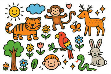 Jungle Doodle Adventure. Colorful Hand-drawn doodle Children illustration Jungle Predators tiger, monkey, deer, parrot, snake, rabbit, tree, flowers,