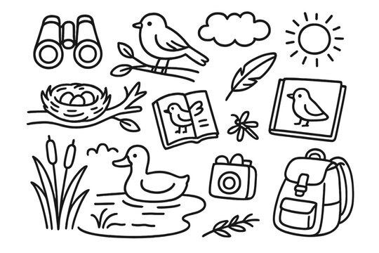 Birdwatching Doodle. Hand-drawn doodle illustration [Bird watching by the pond] [binoculars, bird, duck, notebook, tree, branch, nest, feather, pond, cloud,