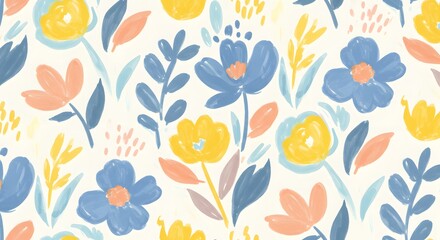 A charming, hand-painted floral pattern featuring a variety of stylized flowers and leaves in soft pastel colors, creating a cheerful and whimsical design.