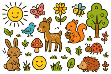 Playful Meadow Creatures. Colorful Hand-drawn doodle Children illustration Meadow animals deer, rabbit, squirrel, bird, grass, flower, tree, butterfly,