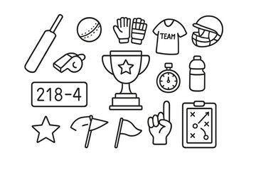 Cricket Icons Doodle. Hand-drawn doodle illustration cricket team activity cricket bat, ball, stumps, gloves, helmet, jersey, scoreboard, whistle, trophy,