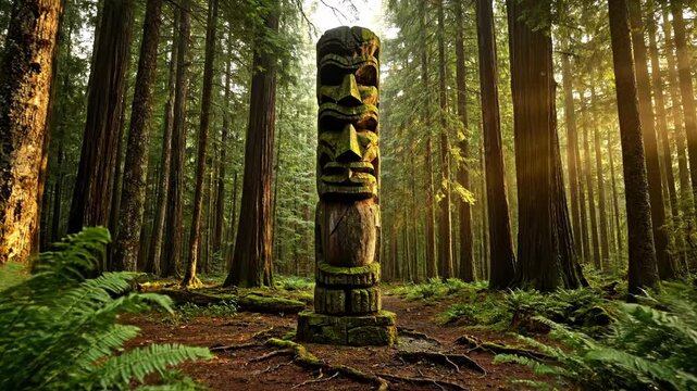 Ancient moss-covered carved totem pole in a lush, sun-drenched forest with towering trees and ferns, mystical atmosphere.