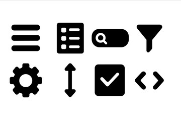 Digital Menu Icons. Solid, filled icon set of digital menu interface: hamburger menu, dropdown list, search bar, filter icon, settings gear, scroll bar,