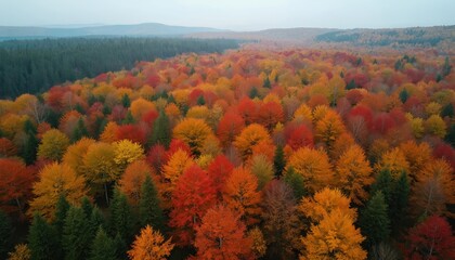 Aerial perspective of dense forest canopy ablaze with vibrant autumn colors. Red, orange, and yellow leaves contrast with dark green pines, forming a rich natural tapestry.