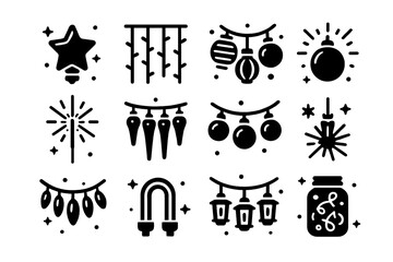 Fototapeta premium Festive Icon Set. Festive lights. Solid icons set of festive lights: star bulb, curtain lights, paper lantern string, glowing bauble, sparkler, icicle lights,