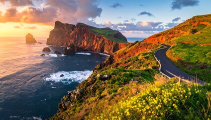 Dramatic coastal sunset over rugged cliffs