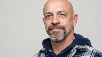 Fototapeta premium Confident Middle-Aged Man with a Beard in Casual Attire Against a Neutral Background