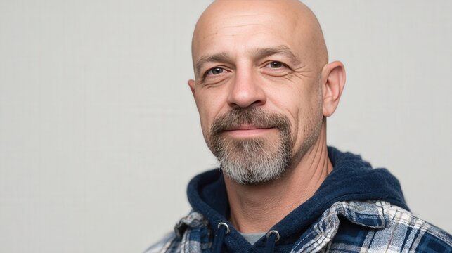 Confident Middle-Aged Man with a Beard in Casual Attire Against a Neutral Background