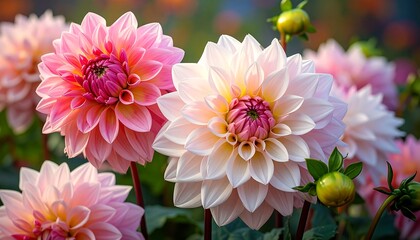 Fototapeta premium Close-up of pastel pink and cream dahlias