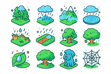 Fototapeta premium Colorful Rainforest Icons. Colorful isometric vector icons set of rain in nature: forest in rain, mountain in fog, lake with ripples, wet meadow, flooded path,