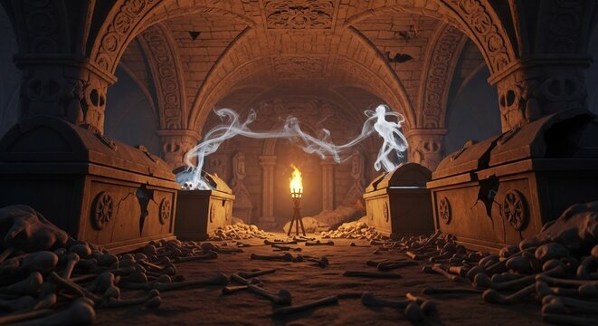 Eerie crypt setting for Halloween designs. Dungeon backdrop for spooky horror game promotions, mysterious rituals illustrations, ancient tomb artwork. Bones and ghosts.