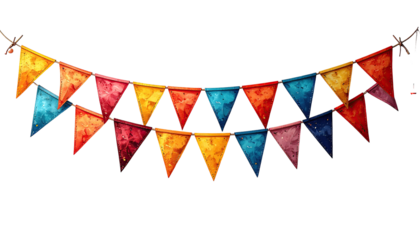 A vibrant garland of triangular flags.  Colorful, pixelated pennants arranged in a horizontal arch.  Hanging, festive, celebratory