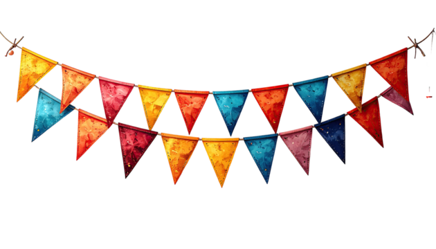 A vibrant garland of triangular flags.  Colorful, pixelated pennants arranged in a horizontal arch.  Hanging, festive, celebratory