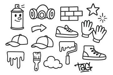 Street Art Essentials. Hand-drawn doodle illustration Street artist spray can, mask, wall, brick, star, spark, arrow, cap, gloves, paint drip, roller, brush,