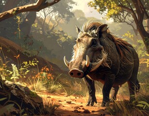 Fototapeta premium Wild boar in a sunlit forest