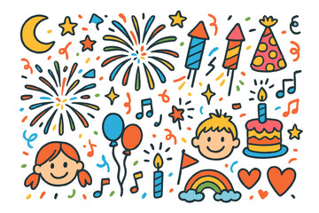 Joyful Celebration Scene. Colorful Hand-drawn doodle Children illustration celebration fireworks colorful fireworks, rockets, stars, moon, balloons, confetti,