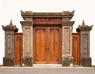 Balinese wooden gate with stone pillars and traditional carvings