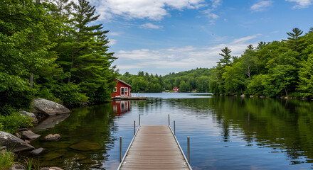 Tranquil Lake Scene with Wooden Dock and Lush Green Surroundings Under Clear Blue Sky