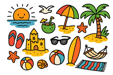 Beach Sunset Doodles. Colorful Hand-drawn doodle Children illustration [Beach sunset] [sunset, beach umbrella, sandcastle, flip-flops, coconut drink, waves,