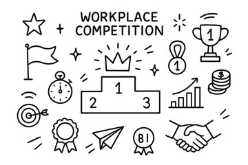 Naklejka premium Workplace Competition Icons. Hand-drawn doodle illustration Workplace competition leaderboard, trophy, medal, crown, star, spark, flag, stopwatch, target,