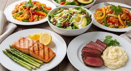Keto meals a selection of healthy dishes including grilled salmon, sliced steak, mashed potatoes, and a fresh salad, presented elegantly on plates