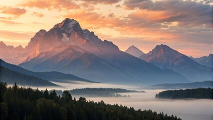 Calm Surreal Mountain Range at Sunrise with a Glowing Sky
Breathtaking View of Majestic Peaks and Morning Mist
Serene Mountain Landscape with a Soft, Ethereal Glow